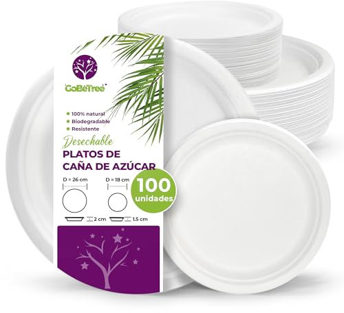 GoBeTree 100 piatti in canna da zucchero da 26 e 18 cm bianchi. 50 piatti da 26 cm e 50 piatti da 18 cm. piatti di carta monouso extra resistenti, per campeggio, picnic, feste, barbecue, compleanni