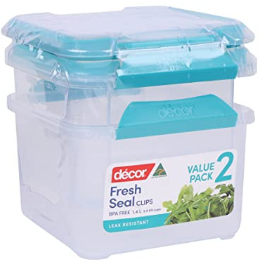 Décor Large 1.4L Food Storage Containers | 2 Pack | Reusable Plastic Airtight Food Containers | Fresh Seal Clips | Microwave, Freezer & Dishwasher Safe