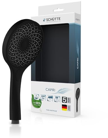 SCHÜTTE Handbrause CAPRI mit Samtstrahl-Technologie | Duschkopf mit über 300 Düsen und 3 einstellbaren Strahlarten | Brausekopf Antikalk für die Dusche | Schwarz