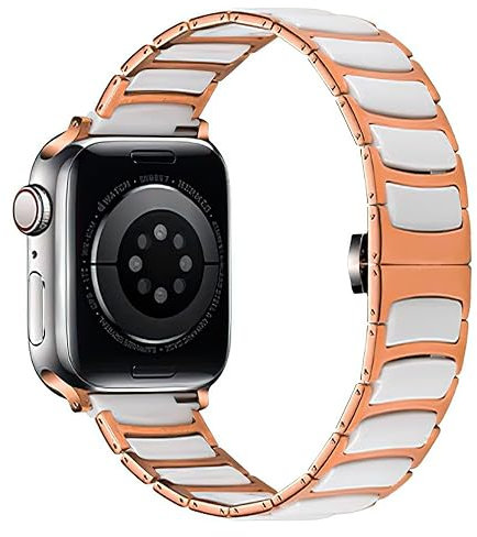 MaKTech Keramiskt Band,Tunt Rostfritt Stål Inlagt Keramiskt Länkarmband,för Apple Watch Serie 11/10/9/8/7,Ultra 3/2/1,SE 3/2/1 [2025] (42mm/41mm/40mm,Rose-Guld/Vit)