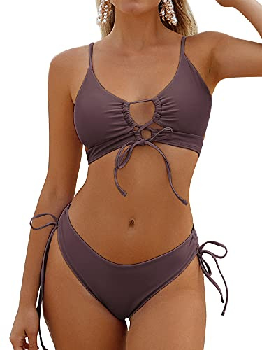 ZAFUL Sexy Damen-Bikini-Set, Spaghettiträger, hoch geschnitten, 2-teilig, String, Badeanzüge, Schnürung, brasilianische Badeanzüge, Kaffee, XX-Large