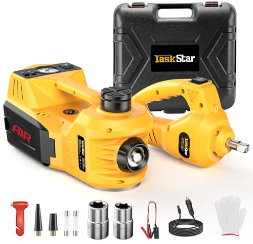 TaskStar Gato Hidráulico 5t 3t, 12V Kit de Gato Eléctrico para Coche (Alcance :15.5-45 cm) con Llave eléctrica e inflador, para Recogida de Coche Cambio de Neumáticos Reparación de Garaje