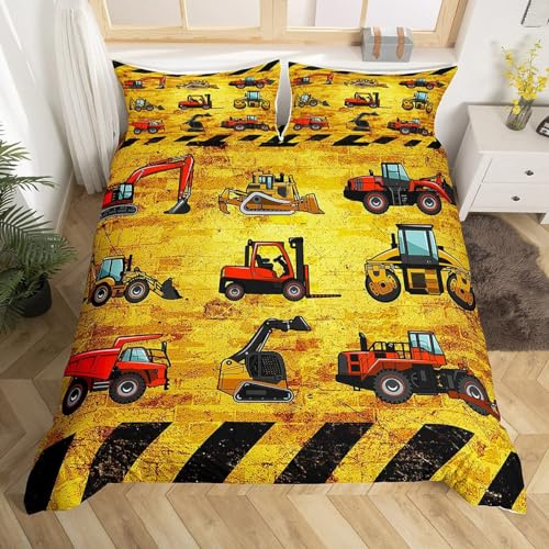 GIENDI Bettwäsche 135x200 3teilig Bettbezug - Bagger Bettwäsche Sets/Kinderbettwäsche mit Reißverschluss, Baustellenfahrzeug Mikrofaser Bettbezug 135x200cm + 2 Kissenbezug 80x80cm