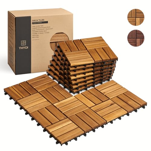 THYOI Acacia Wood Interlocking Deck Tiles (12 x 12), Deck Flooring Outdoor Waterproof All Weather, Tiles for Patio, decking Tiles for Indoor and Outdoor use (Golden Teak 12S, 10 Pcs - 10 Square Ft)