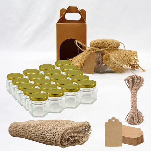 20x Petit Pot de Miel Hexagonal avec Couvercle 60ml + 20x Boîte Kraft pour 1 Pot + 20x Bande de Tissu de Jute + 20x Étiquette en Carton Kraft + Ficelle de Jute - Idéal pour la Conservation de Miel