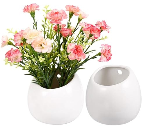 Kisangel 2Pcs White Ceramic Wall Hanging Flower Pots, Succulent Plant Planters with Drainage for Indoor Home Decor, Plant Hangers for Room, Office, and Garden