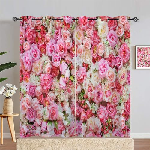 ANHOPE Flower Rose Curtains Eyelet Blackout Thermal Insulated Curtains Pink Red Floral Print Pattern Soft Soundproof Privacy Window Drapes for Kids Girls Bedroom Living Room 66 x 72 Inch 2 Panels