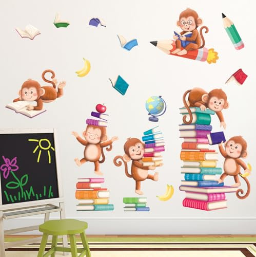 DECOWALL SG2-2402 Lesen Bücher Affe Wandtattoo Kinderzimmer Affen Wandaufkleber Tiere Wandsticker für Kinder Babyzimmer Schlafzimmer Wohnzimmer Klassenzimmer Bibliothek Spielzimmer Wanddeko