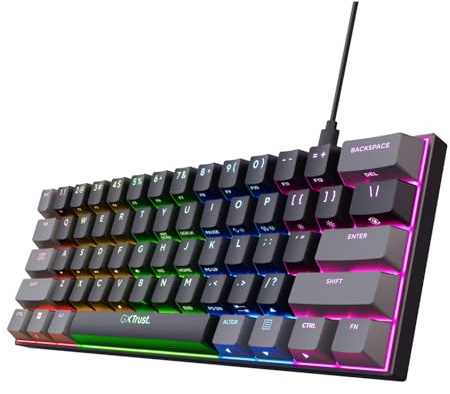 Trust Gaming GXT 867 Acira 60% Clavier Mécanique QWERTY US, Touches à Double Fonction, Éclairage RGB, USB Programmable Mini Clavier de Jeu 60% PC Portable - Noir/Gris
