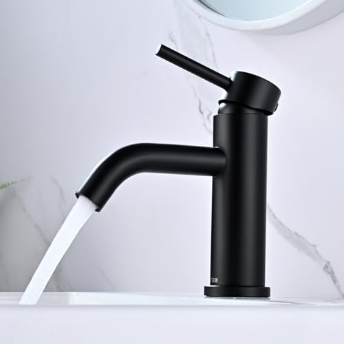 DETBOM Miscelatore per Lavabo, Rubinetto per Lavabo Caldo e Freddo Regolabile, Rubinetto per Bagno Monocomando, Rubinetto in Acciaio Inossidabile, Nero