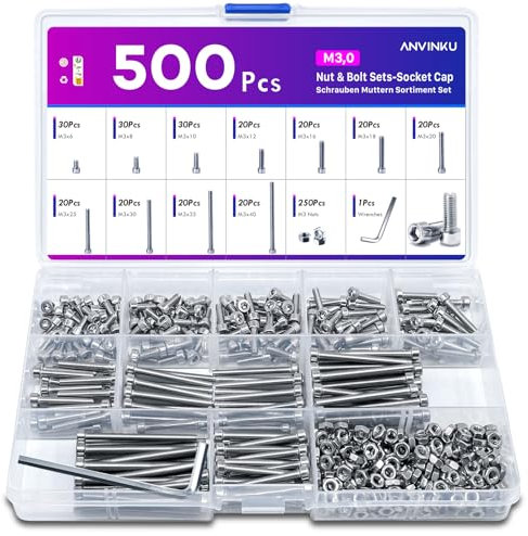 ANVINKU M3 Nuts and Bolts Set, 500 Pcs Hex Socket Head Cap Screws, Stainless Steel, Assorted with Allen Key