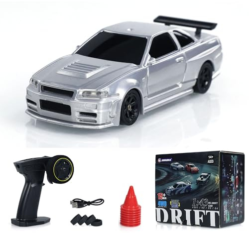 TOUCAN RC HOBBY Remote Control Mini Drift Car 1:43 Race Car Radio Lights Traffic Safety Cone Silver