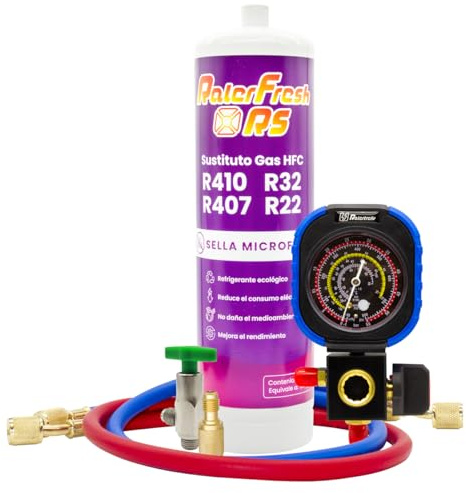 Gas Refrigerante Ralerfresh RS sustituto R410, R32, R407 y R22 refrigerante para aire acondicionado tipo split (Botella + Manometro RF31 + Adaptador)