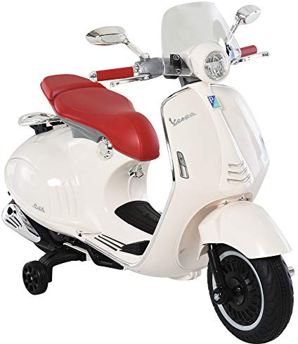 HOMCOM Vespa Scooter électrique pour Enfants sous Licence Officielle, Moto électrique Enfants 6 V avec Musique, klaxon, Phare, 2 roulettes auxiliaires, pour 3-6 Ans, Blanc