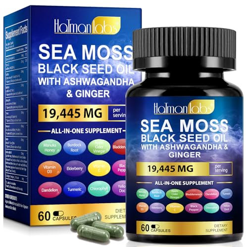 Sea Moss Complex-19,445mg Sea Moss Capsules with Black Seed Oil& Ashwagandha, Ginger- 60 High Strength Capsules Providing 30 Day Supply- Vegan&Halal