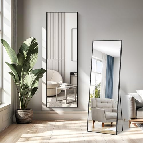 WOLIBEER Miroir sur Pied 161 x 52 cm, Miroir Rectangulaire Pleine Longueur avec Cadre en Aluminium Noir Miroir Mural sur Pied pour Salle de Salon Chambre à Coucher Entrée, Couloir