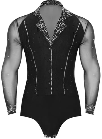 Jhaoyu Men Long Sleeve Rhinestones Dance Leotard Latin Tango Ballroom Dance Shirt