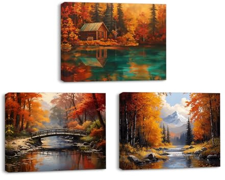 PIY PAINTING Stampe Su Tela Con Paesaggio Autunnale, Tela Da Parete Village, Pittura d'Arte Murale Con Albero Di Acero Per Soggiorno Ufficio Ingresso Caffè, 3x30x40 cm/90X40 CM
