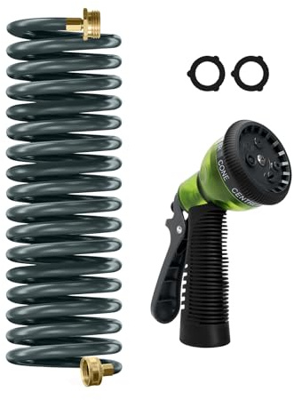 Coil Hose 15FT EVA Coil Garden Hose with 3/4'' Brass Connector Coiled Water Hose | Flexible Water Hose Lightweight and No Kink Includes 7 Patterns Spray Nozzle For Outdoors Lawn Watering Car Washing