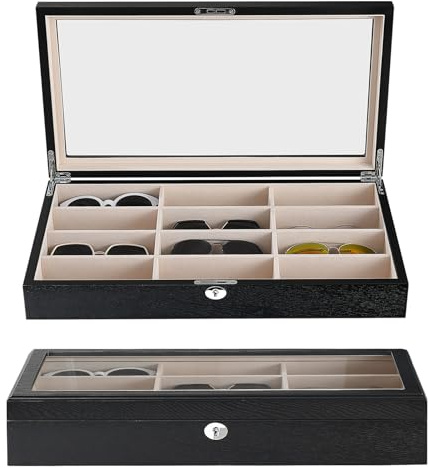 SYENS Brillenbox Brillenaufbewahrung Aufbewahrungsbox Sonnenbrillen Case von 12 Brillen Sonnenbrillen Aufbewahrungsbox Die holzkiste mit Schlüsselschloss brillenständer (12 Schlitze - Schwarzes Holz)