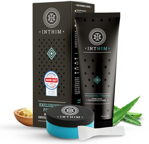 IntHim Enthaarungscreme Intimbereich Männer – Sanfte, Gründliche Haarentfernungscreme + Glatte Haarentfernung mit IntHim DermaClean Pro Schwamm – Hair Removal Cream Intimbereich, Po & Hoden