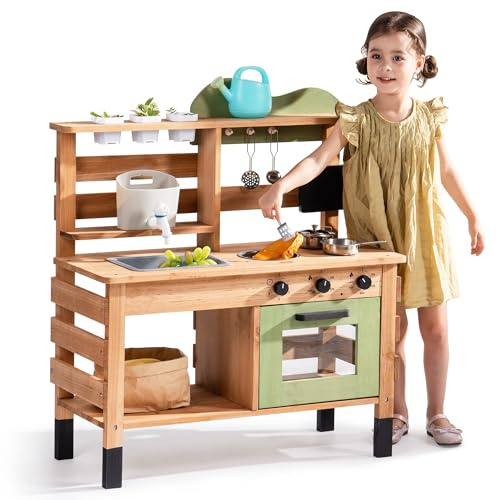 ROBOTIME Große Outdoor Matschküche aus Holz für Kinder, Deluxe Spielküche mit Wasserhahn, Spüle, Kreidetafel, BBQ-Grill & Stauraum – Garten-Küchenspielzeug ab 3 Jahre