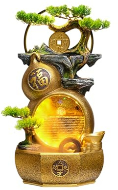 Fontana da tavolo con zucca dorata, fontana a cascata da interno con luce LED, fontana da giardino con piante finte, decorazione Zen Feng Shui for ufficio domestico