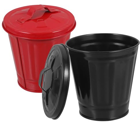MOTHNUR 2 pezzi Cestino per Rifiuti da Tavolo in Ferro Zincato con Coperchio Multifunzionale e Compatto Bidone per Scrivania Ufficio e Cucina da Nero e Rosso
