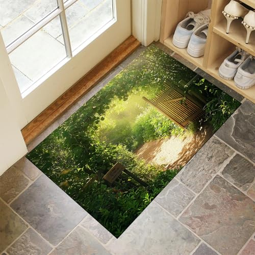 CEDNXOER Fußmatte Waschbar 50x80 cm Zaun Teppich Superdünne Faltbar Grün Kurzflor Frühling Pflanzen Eingangsmatte Küchenteppich für Büro Haustür Patio Flur