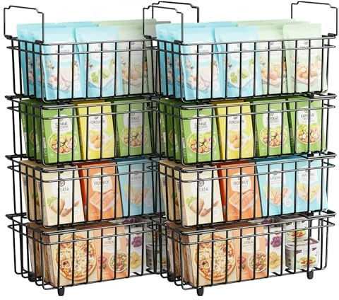 COBOGO Chest Freezer Baskets Organiser, Stackable Kitchen Storage Boxes for 198L Deep Freezers, Easy to Sort and Get Food with Fold Down Handles, Pantry Wire Shelf Bin Frozen Goods Sort, Black (8 Pcs)