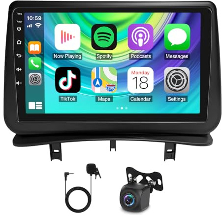 2+64G Radio Android 2 Din para Renault Clio 3 2005-2014,9 pulgadas DAB Radio de coche Pantalla Táctil Receptores Multimedia GPS Navegación con Wireless Carplay Bluetooth WiFi FM RDS Radio Cámara de