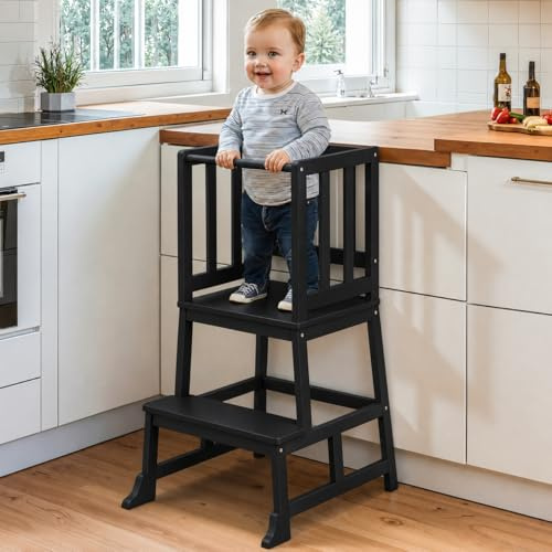 Cosyland Toddler Kitchen Standing Tower – Height Kids learning helper Tower with Safety Railing, Compact Anti-Drop Step Stool Design for 1.5-3 Year Olds (Black)