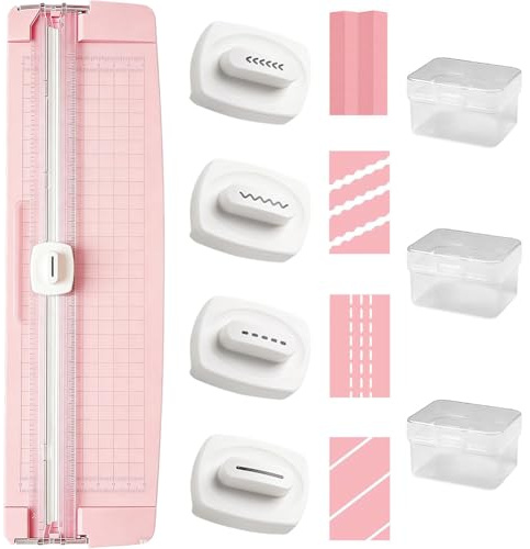 Tiiyee Cortador de papel 4 en 1 con 4 cuchillas (recta, curva, perforación, ranuras), ancho de corte de 31 cm, protección automática de la cuchilla, cuchillas intercambiables para manualidades, fotos