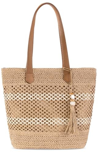 CorkAllin Straw Beach Tote Bag for Women - Woven Raffia Summer Bag, Lightweight Foldable with Zipper Pocket for Travel Picnic Shopping (A-Brown)