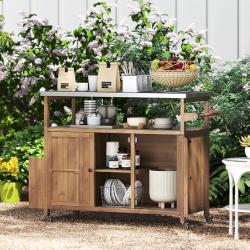 RELAX4LIFE Carrello da Cucina in Legno con Ruote 130x47x92 CM, 3 Ripiani, 2 Piani, Armadietto con Porta, Portasciugamani e Porta Spezie, Capacità 90 KG, per Giardino, BBQ