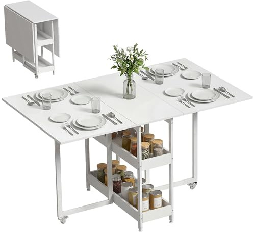 HOMCOM Table à Manger Pliante, Table Pliante Cuisine rectangulaire Extensible sur roulettes jusqu'à 4 Personnes avec Compartiments Ouverts, pour Petits espaces, Salle à Manger, Blanc