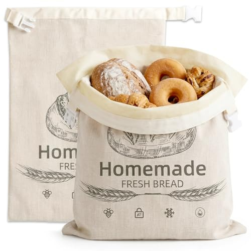 Beeswax Bread Bag for Homemade Bread Sourdough & Fresh Bread Reusable Large Capacity Cotton Linen Toaster Bag with Clips for Home Picnic Traveling Daily Use