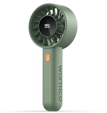 Warmco Portable Handheld Turbo Fan 5000mAh, 4-Speed Personal Mini Fan with Base & Lanyard, Smart LED Display, USB Rechargeable Pocket Size for Travel, Makeup, Office Desk,Green