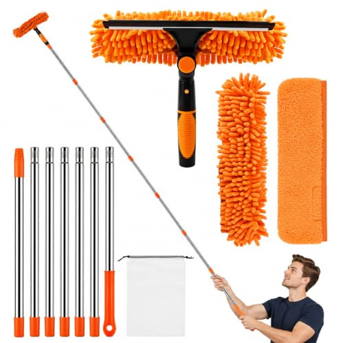 Limpiacristales con Mango Extensible(300cm),2 en 1 Limpiacristales Profesional con Escobilla de Silicona & Paños de Microfibra,para Ducha Cristal Espejo Puerta Coche