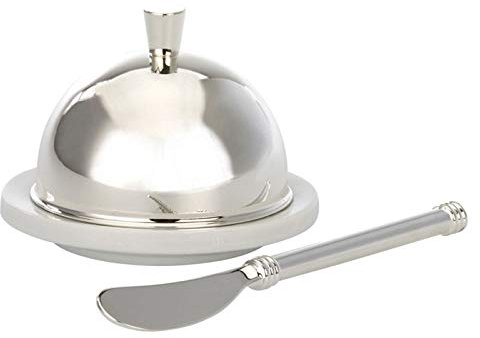 Butterdose versilbert rund klein für 1/4 Pfund Butter (125 g) - Butterglocke Ø 9 cm mit Porzellan-Unterteil & Messer - Mini Butterbehälter für Frühstück, Brunch & elegante Tischkultur