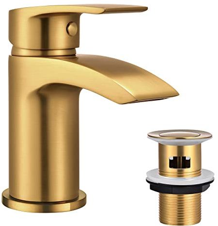 Hapilife Basin Mixer Taps Waterfall with Slotted Pop up Waste Bathroom Sink Tap Mixers Brushed Gold Brass with G1/2’’ Hoses 1 Hole Cloakroom Faucet with Click Clack Waste with Overflow Mono Monobloc
