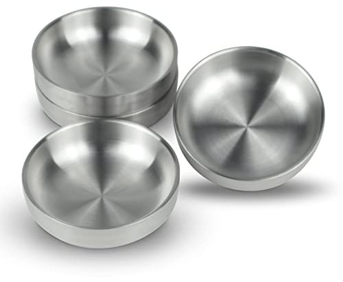 Fatiya Set di 4 piatti rotondi a doppio piano da 99,2 ml, piccola ciotola in acciaio inossidabile, piattini per sushi, piatti per salsa, contorni, piatti antipasti, set di 4 (argento)