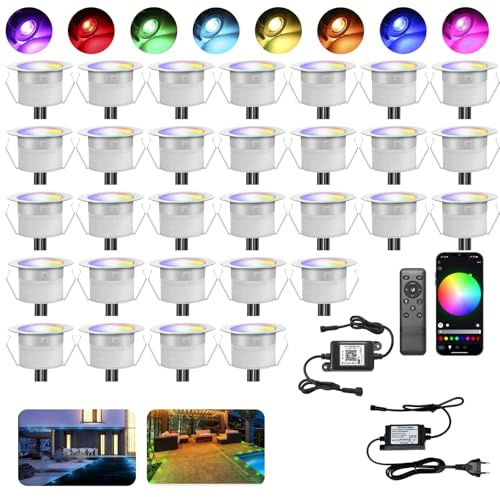 30er Set LED Bodeneinbauleuchten Aussen RGBW Ø45mm WiFi Terrasse Einbaustrahler Led Terrassenbeleuchtung 12v, IP67 Wasserdicht mini Led spot Boden mit Fernbedienung Kompatibel mit Alexa Google Home
