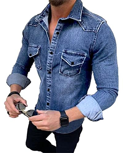 each women Herren Langarm Jeanshemd Slim Fit LäSsiges Hemd Mit DruckknöPfen Turnover Krawattentasche