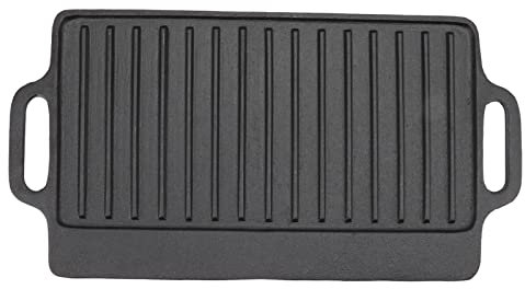 Bistecchiera Reversibile in Ghisa, Bistecchiera Rettangolare Rettangolare in Ghisa Pre Stagionata Bistecchiera Reversibile con Manici per Piano Cottura a Gas Forno a Fuoco Aperto,