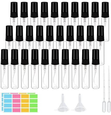 suruikei 30 Stück 5ml Parfümzerstäuber Glas, Mini Sprühflasche klein Zerstäuber Nachfüllbar mit Trichter Pipetten und Etikettenaufkleber, Parfüm Zerstäuber für Unterwegs (30 x 5ml)