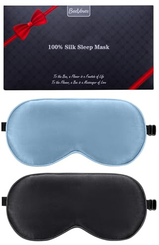 BeeVines Sovmask, 2-pack 100% äkta, Naturligt, rent silkesögonmask för sömn, viktad ögonmask med justerbart band, ögonbindel för sömn, blockerar ljus, skugga för ögonen (10 Svart & ljusblå)