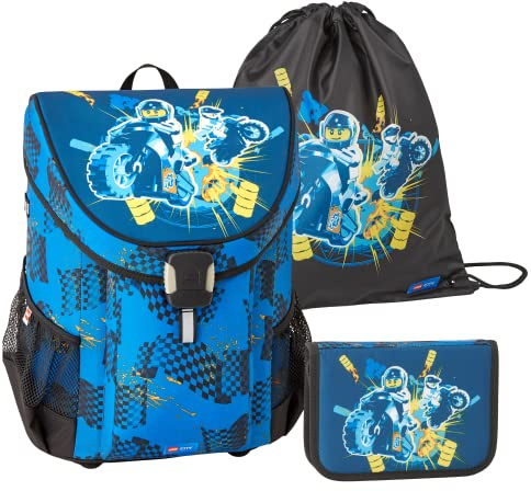 SKANDO BAGS Lego - Jungen Easy Schulranzenset 3tlg. - Lego City Race 2023 - Mit Turnbeutel, Federmäppchen (inkl. Aller nötigen Schreibutensilien) - Leichtgewicht und hoher Komfort