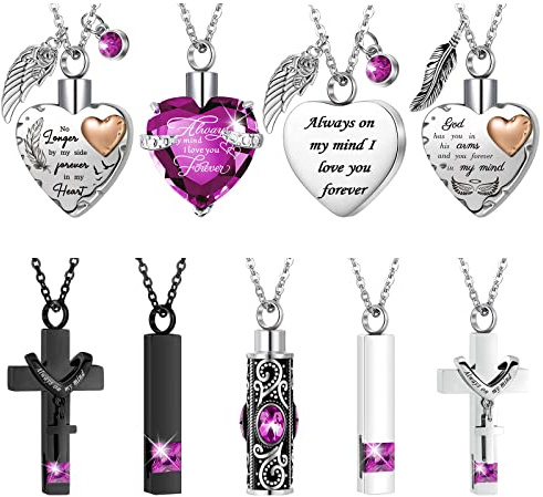9 Pcs Heart Cross Cubic Urn Necklace for Ashes Keepsake Cremation Jewelry Stainless Steel Necklace Crystal Memorial Pendant Heart Locket Ashes Jewelry for Women Men Loved Ones, 9 Styles(Purple)