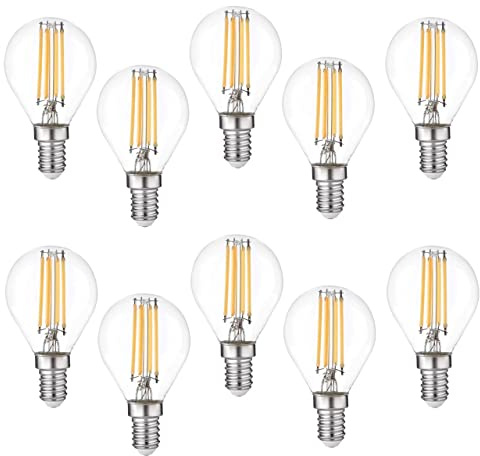 Bratek 10 Lampadine Led E14 Luce Fredda Vintage 6500k 4W 470 Lumen | Lampadina Vintage Attacco Piccolo e14 Filamento Led - Sferetta Trasparente Equivalente 55W a Incandescenza o 40w Alogena